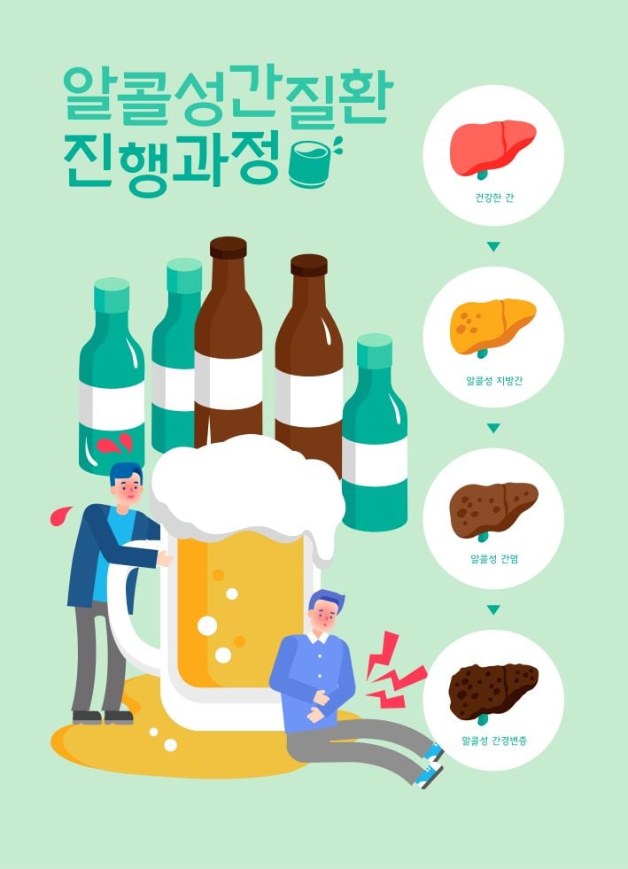 알콜성 간질환의 진행과정을 보여주는 일러스트