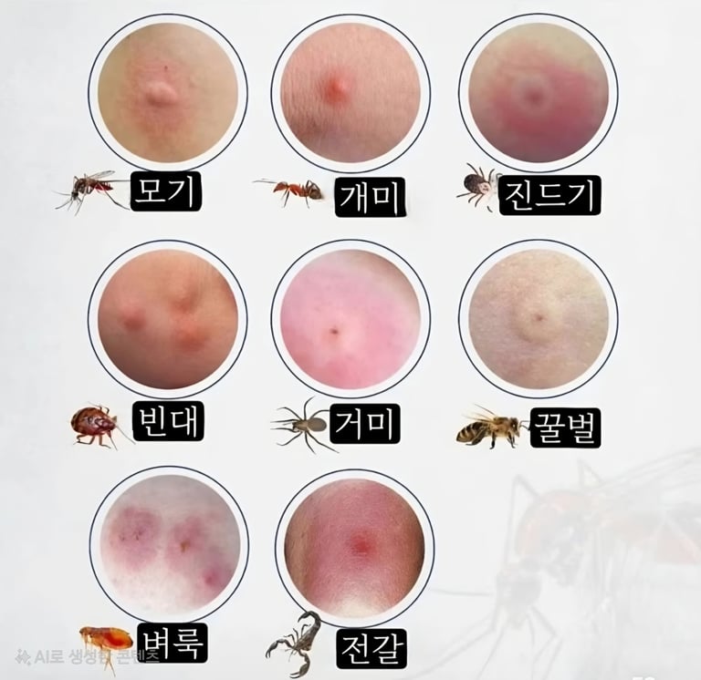 모기, 개미, 진드기 등 다양한 벌레에 물린 피부 모양 이미지