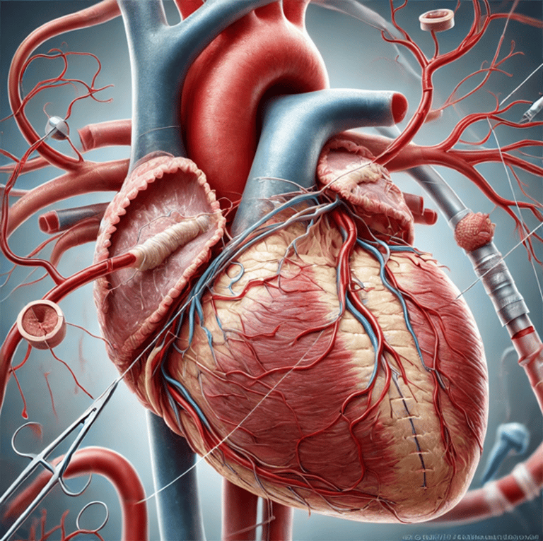 관상동맥 우회수술(CABG)의 의학적 삽화로, 심장의 막힌 관상동맥을 우회하여 혈류를 회복시키는 우회혈관의 이식과 봉합 과정을 사실적으로 나타낸 이미지