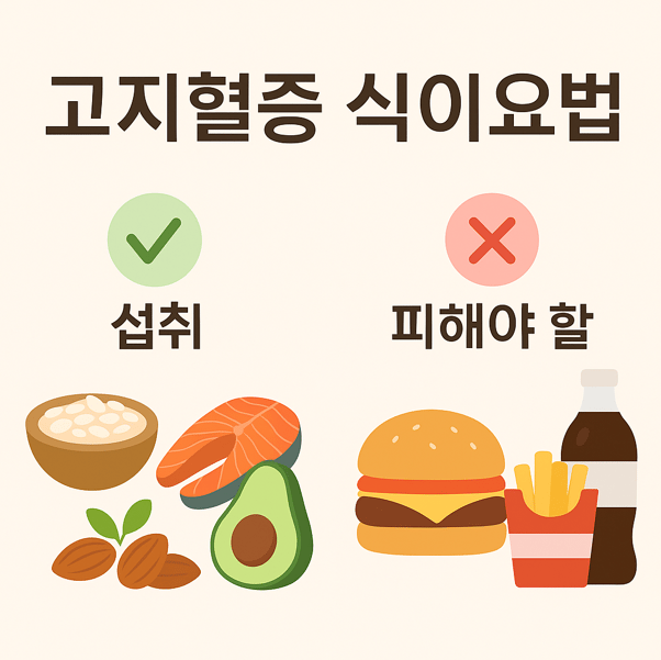 고지혈증 식이요법을 위한 권장 음식과 피해야 할 음식 일러스트